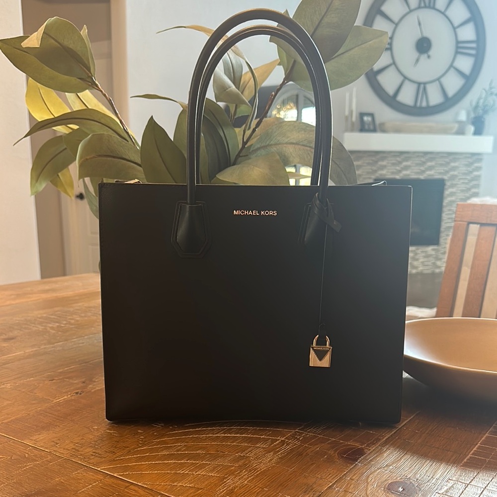 Michael Kors Black Leather Tote with Gold Hardware